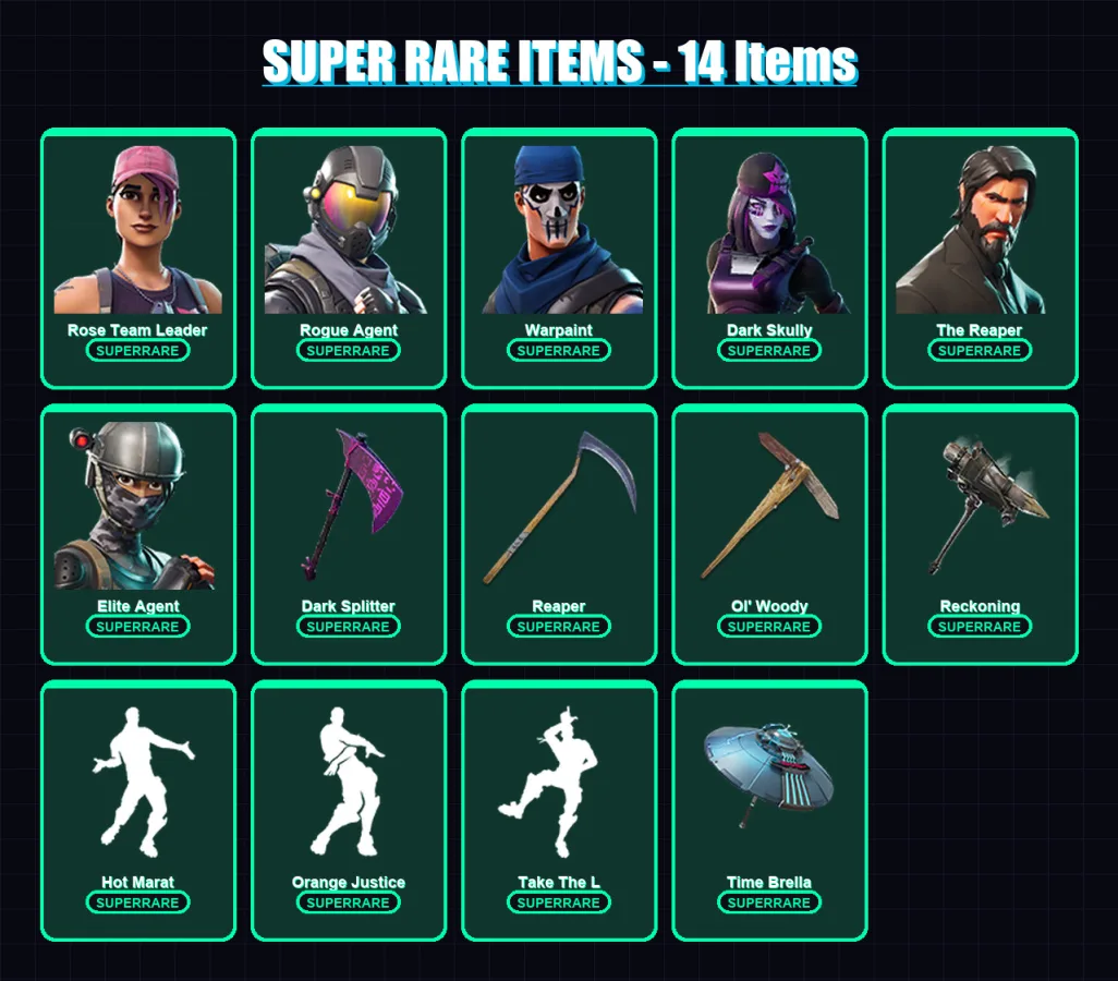 [PS4/PS5/PC] | Rose Team Leader | Rogue Agent | Warpaint | Dark Skully | The Reaper | 150 skin | 152 pickaxe | 165 emote | 137 glider | Lv1733