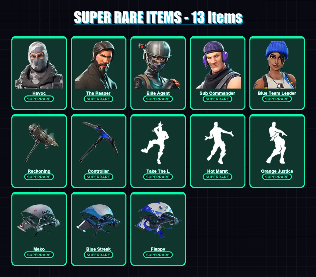 [PC/XBOX/PSN] | Havoc | The Reaper | Elite Agent | Sub Commander | Blue Team Leader | 52 skin | 29 pickaxe | 50 emote | 42 glider | Lv574