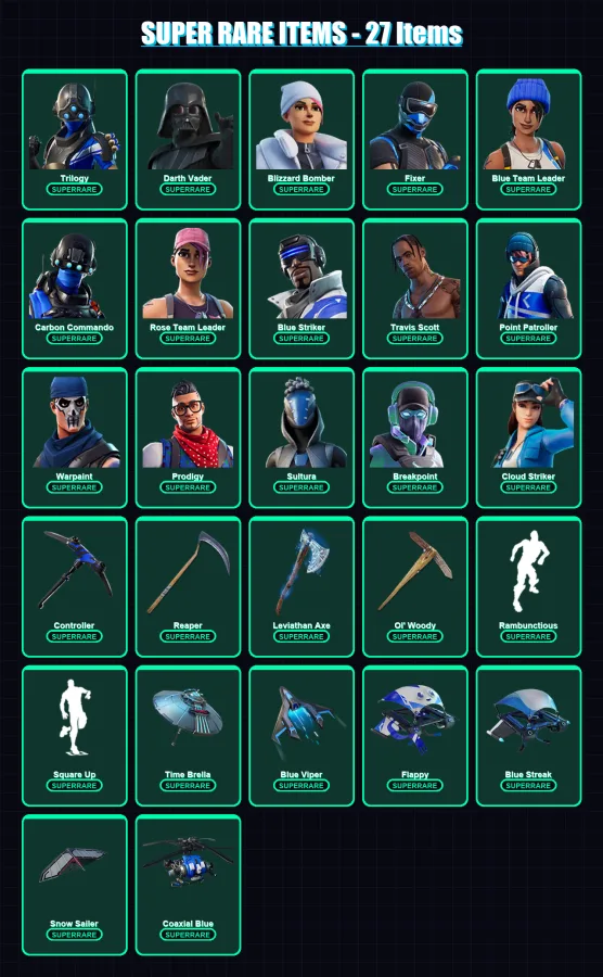 [PC/XBOX] | Trilogy | Darth Vader | Blizzard Bomber | Fixer | Blue Team Leader | 182 skin | 218 pickaxe | 158 emote | 181 glider | Lv2738