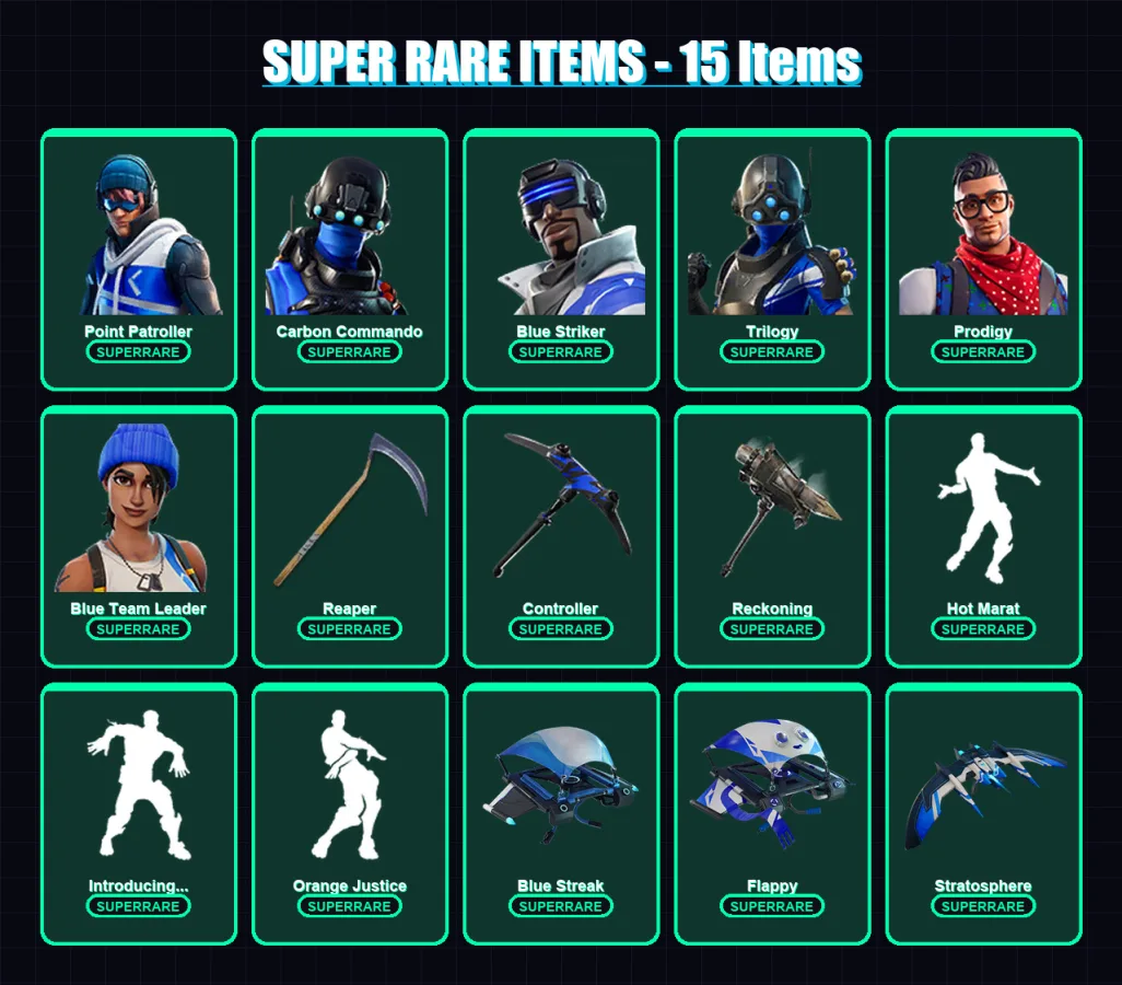 [PC/XBOX/PSN] | Point Patroller | Carbon Commando | Blue Striker | Trilogy | Prodigy | 80 skin | 58 pickaxe | 69 emote | 68 glider | Lv939
