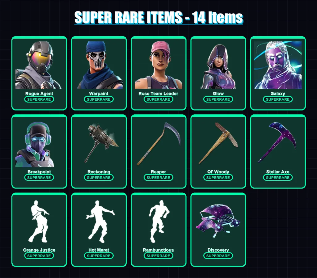 [PC/XBOX/PSN] | Rogue Agent | Warpaint | Rose Team Leader | Glow | Galaxy | 58 skin | 63 pickaxe | 67 emote | 62 glider | Lv1096