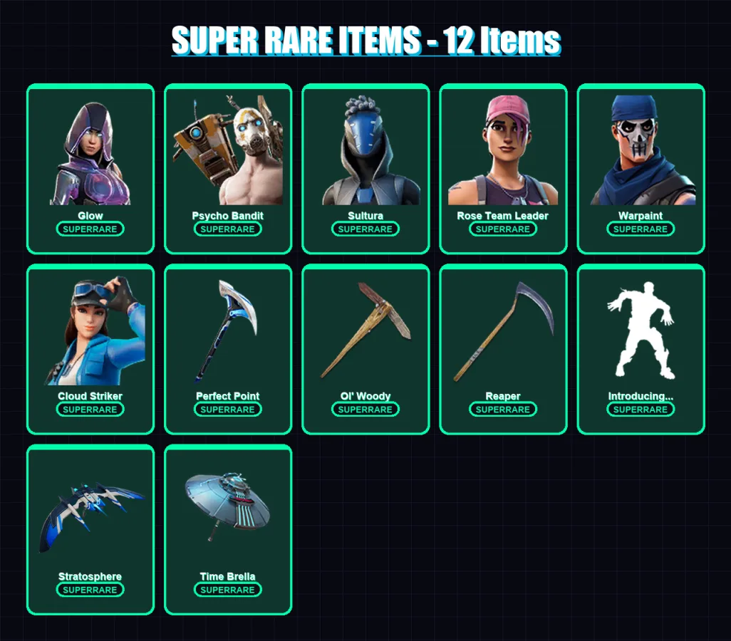 [PC/XBOX] | Glow | Psycho Bandit | Sultura | Rose Team Leader | Warpaint | 190 skin | 201 pickaxe | 145 emote | 154 glider | Lv2170