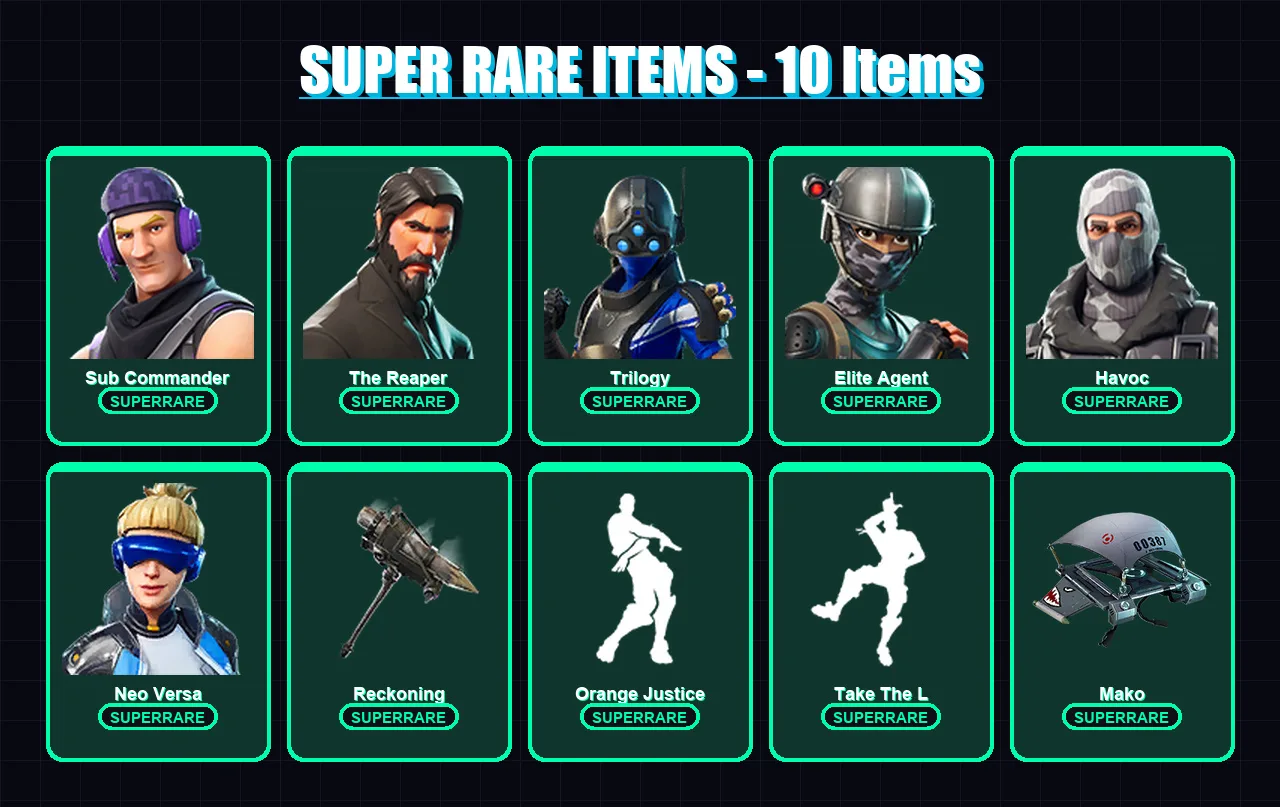 [PC/XBOX] | Sub Commander | The Reaper | Trilogy | Elite Agent | Havoc | 65 skin | 48 pickaxe | 52 emote | 58 glider | Lv814