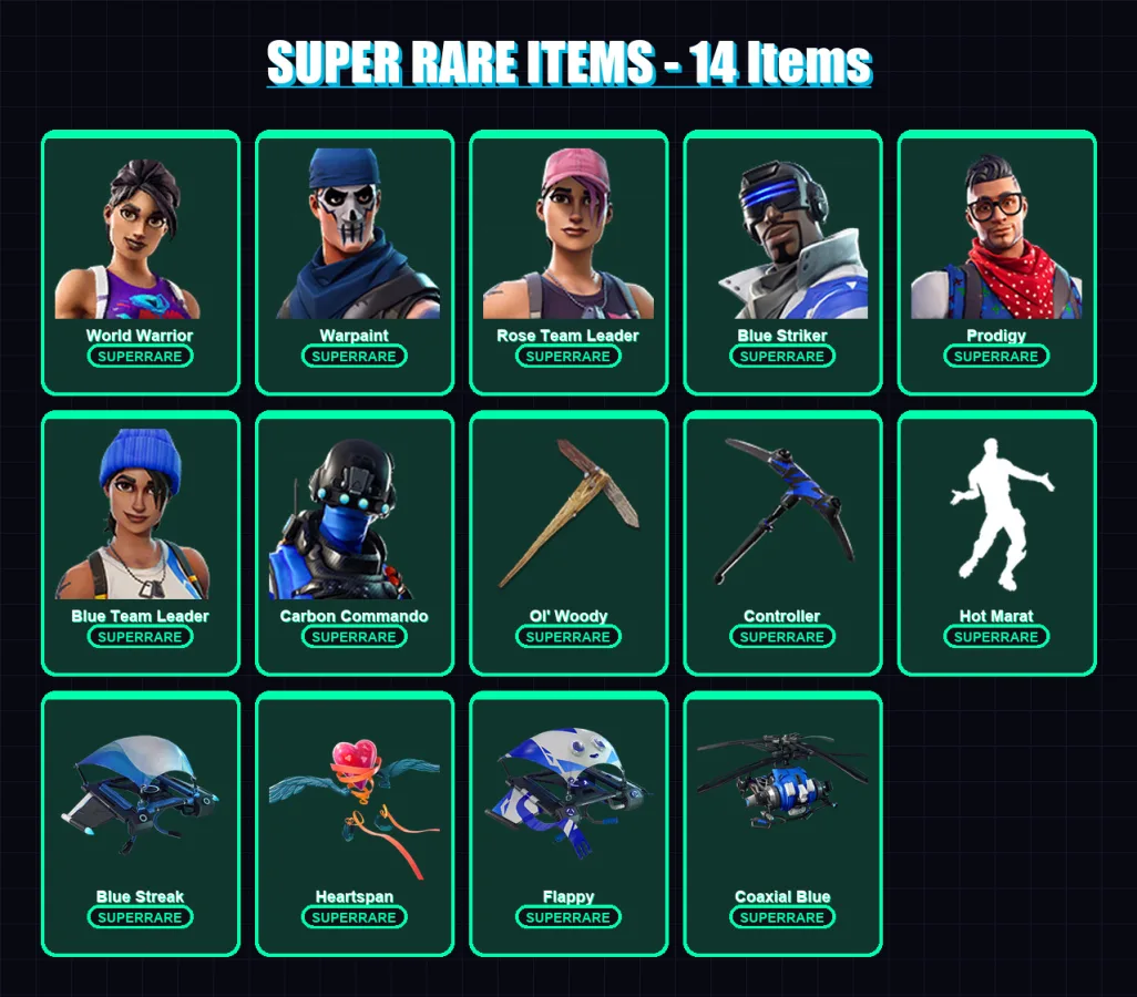 [PS4/PS5/XBOX/PC] | World Warrior | Warpaint | Rose Team Leader | Blue Striker | Prodigy | 22 skin | 26 pickaxe | 42 emote | 31 glider | Lv332