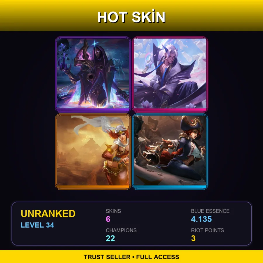 LAN | Dark Cosmic Jhin | Spirit Blossom Yone | Sandstorm Katarina | Waterloo Miss Fortune | 6 Skin | 22 Champ | Lv34