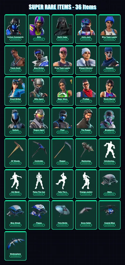 [PS4/PS5/XBOX/PC] | Carbon Commando | Blitz | Darth Vader | Astro Jack | Blue Team Leader | 455 skin | 378 pickaxe | 307 emote | 275 glider | Lv4467