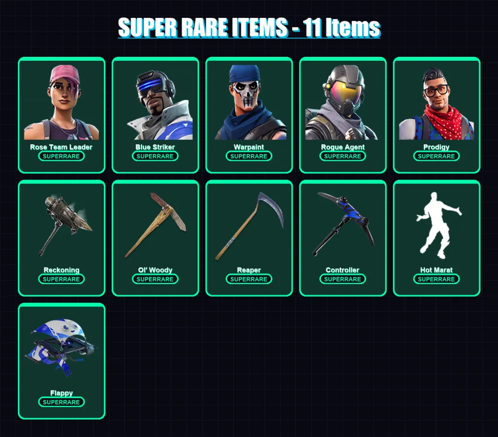 [PS4/PS5/XBOX/PC] | Rose Team Leader | Blue Striker | Warpaint | Rogue Agent | Prodigy | 76 skin | 35 pickaxe | 48 emote | 30 glider | Lv235