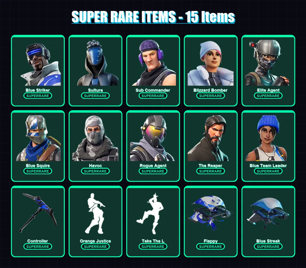 [PS4/PS5/XBOX/PC] | Blue Striker | Sultura | Sub Commander | Blizzard Bomber | Elite Agent | 20 skin | 32 pickaxe | 23 emote | 28 glider | Lv382