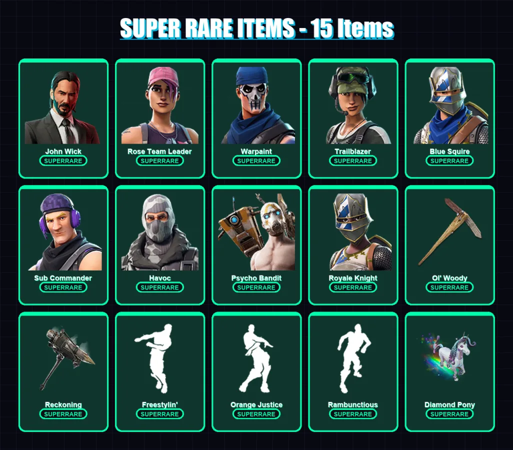 [PC/XBOX] | John Wick | Rose Team Leader | Warpaint | Trailblazer | Blue Squire | 79 skin | 66 pickaxe | 63 emote | 67 glider | Lv463