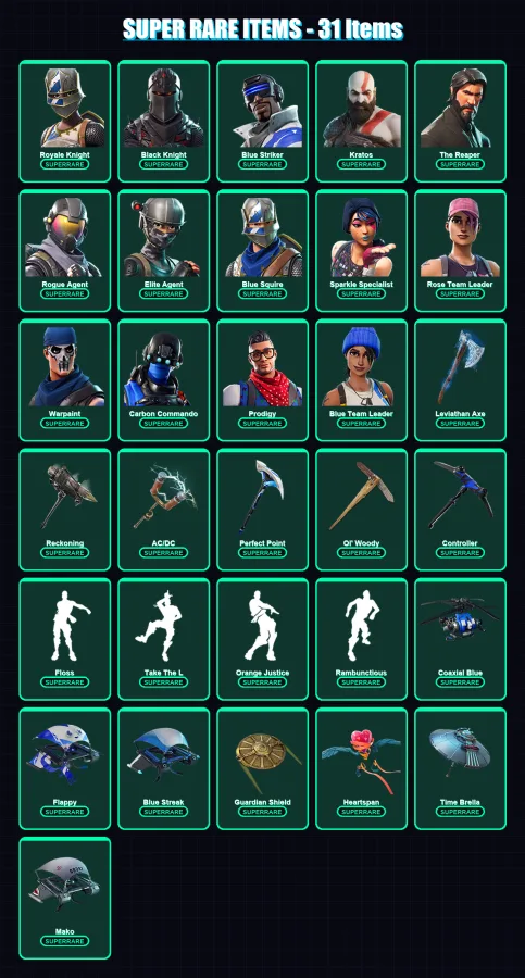 [PS4/PS5/XBOX/PC] | Royale Knight | Black Knight | Blue Striker | Kratos | The Reaper | 122 skin | 100 pickaxe | 104 emote | 97 glider | Lv1049