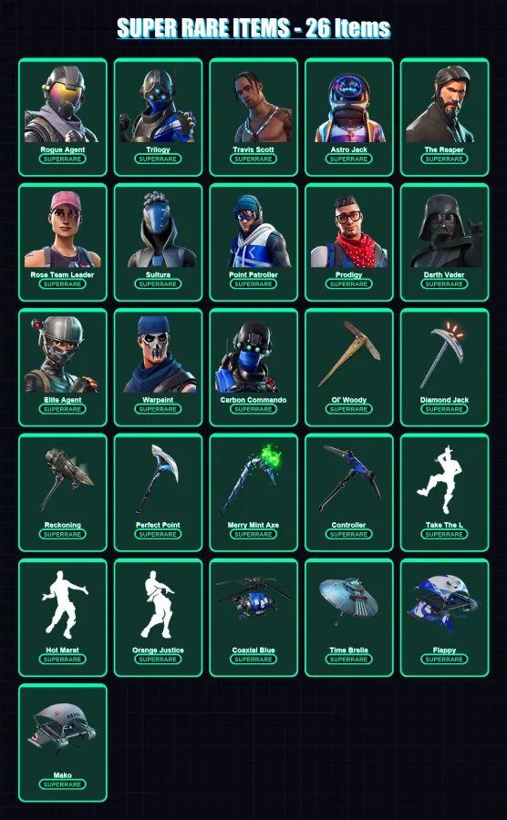 [PS4/PS5/XBOX/PC] | Rogue Agent | Trilogy | Travis Scott | Astro Jack | The Reaper | 433 skin | 310 pickaxe | 247 emote | 205 glider | Lv2586