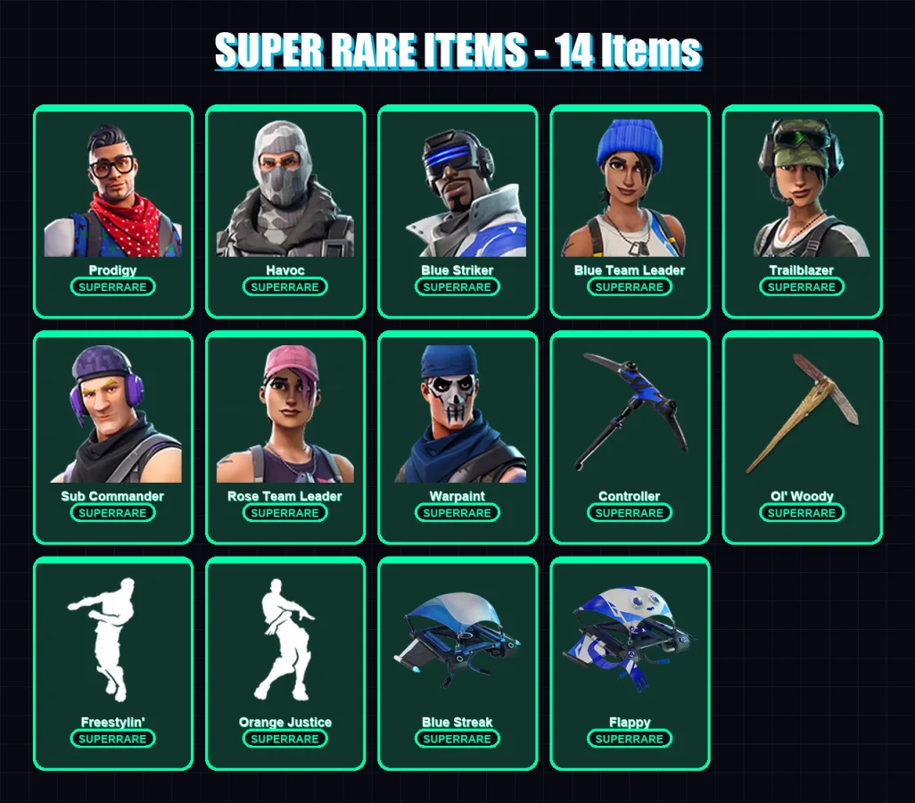 [PS4/PS5/XBOX/PC] | Prodigy | Havoc | Blue Striker | Blue Team Leader | Trailblazer | 23 skin | 14 pickaxe | 20 emote | 20 glider | Lv191