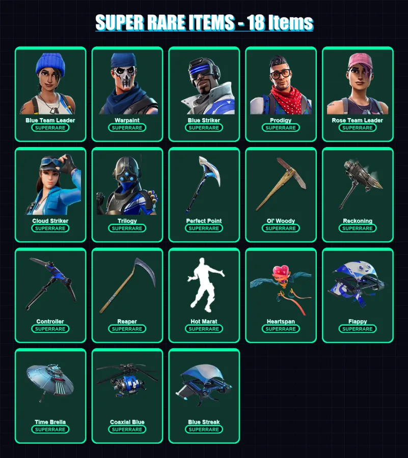 [PS4/PS5/XBOX/PC] | Blue Team Leader | Warpaint | Blue Striker | Prodigy | Rose Team Leader | 108 skin | 117 pickaxe | 99 emote | 114 glider | Lv130