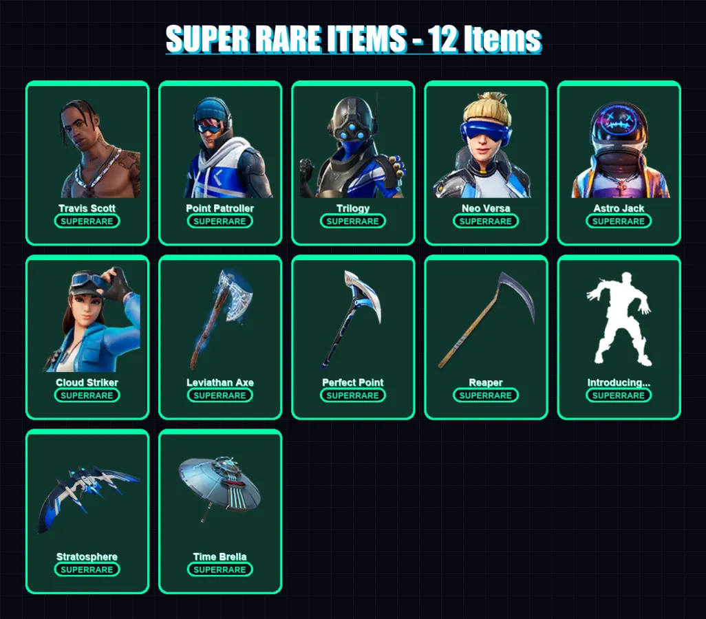 [PS4/PS5/XBOX/PC] | Travis Scott | Point Patroller | Trilogy | Neo Versa | Astro Jack | 96 skin | 94 pickaxe | 76 emote | 82 glider | Lv1573