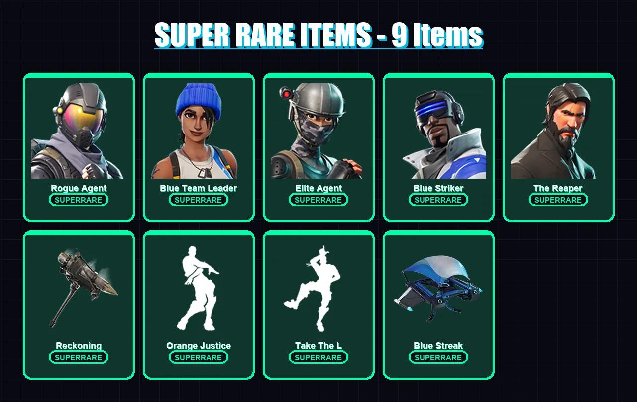 [PS4/PS5/XBOX/PC] | Rogue Agent | Blue Team Leader | Elite Agent | Blue Striker | The Reaper | 18 skin | 9 pickaxe | 21 emote | 11 glider | Lv166 — Fortnite account