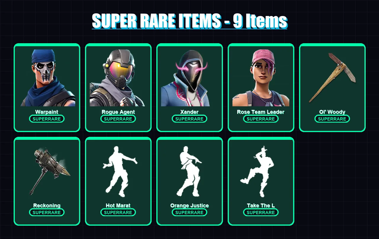 [PC] | Warpaint | Rogue Agent | Xander | Rose Team Leader | Wild Card | 54 skin | 47 pickaxe | 41 emote | 42 glider | Lv390