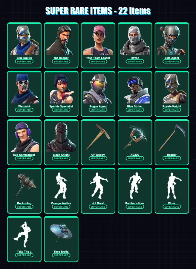 [PC/XBOX] | Blue Squire | The Reaper | Rose Team Leader | Havoc | Elite Agent | 124 skin | 150 pickaxe | 137 emote | 149 glider | Lv2558