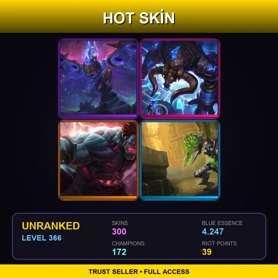 LAN | Lv366 | Unranked | 300 Skin | 172 Champ — LoL account