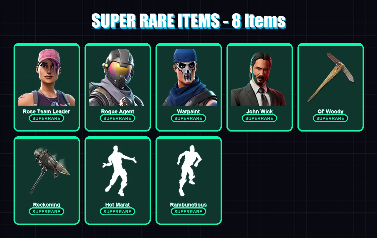 [PS4/PS5/XBOX/PC] | Rose Team Leader | Rogue Agent | Warpaint | John Wick | Calamity | 51 skin | 34 pickaxe | 42 emote | 40 glider | Lv486