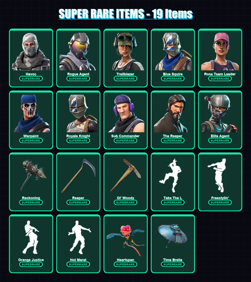[PC/XBOX/PSN] | Havoc | Rogue Agent | Trailblazer | Blue Squire | Rose Team Leader | 62 skin | 98 pickaxe | 86 emote | 95 glider | Lv1452