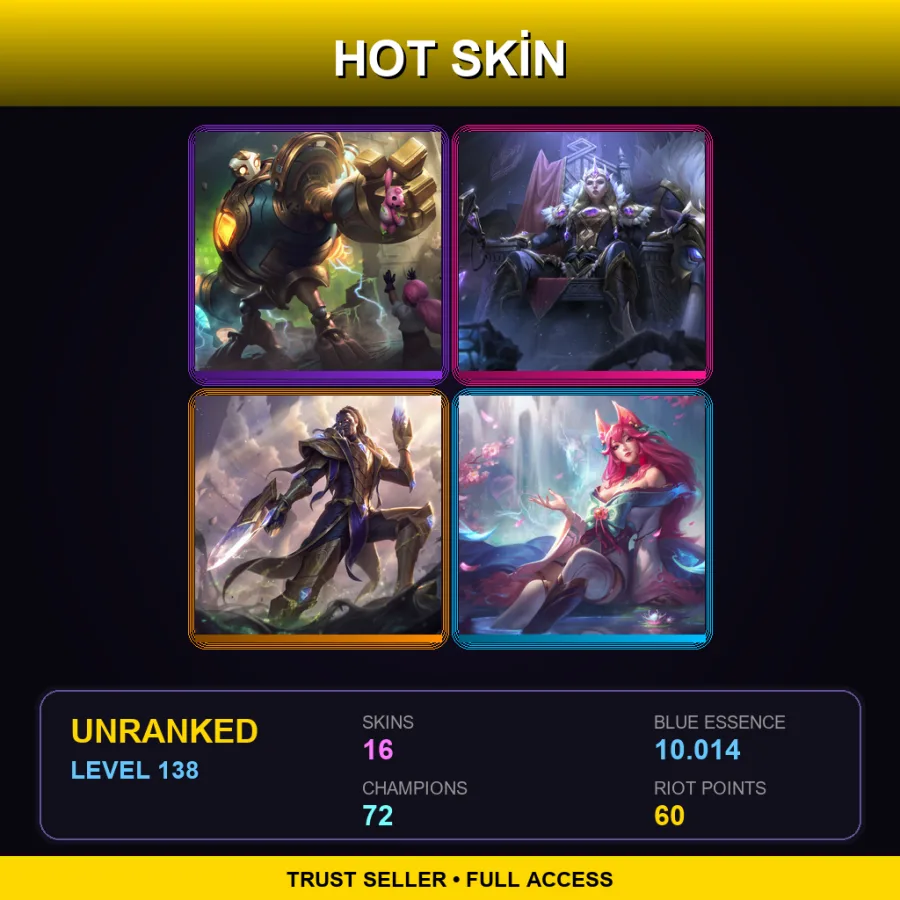 EUW | Lv138 | Unranked | 16 Skin | 72 Champ