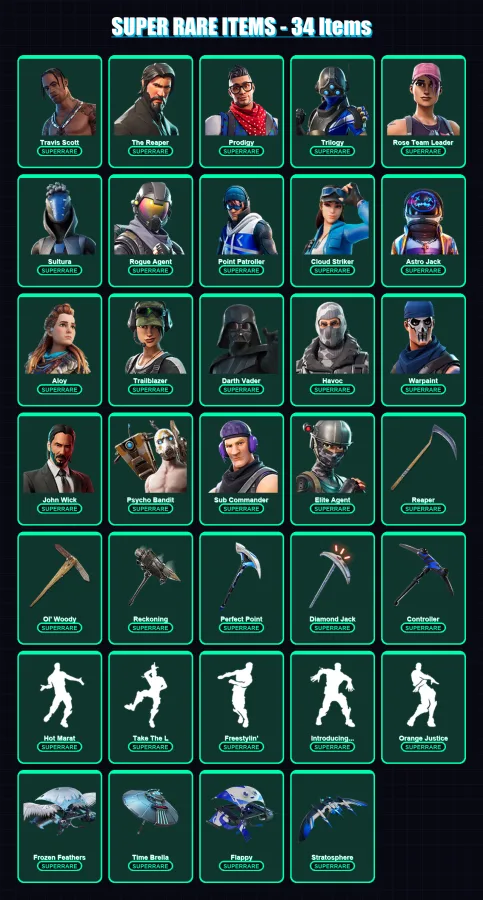 [PC/XBOX] | Travis Scott | The Reaper | Prodigy | Trilogy | Rose Team Leader | 397 skin | 335 pickaxe | 233 emote | 244 glider | Lv4007