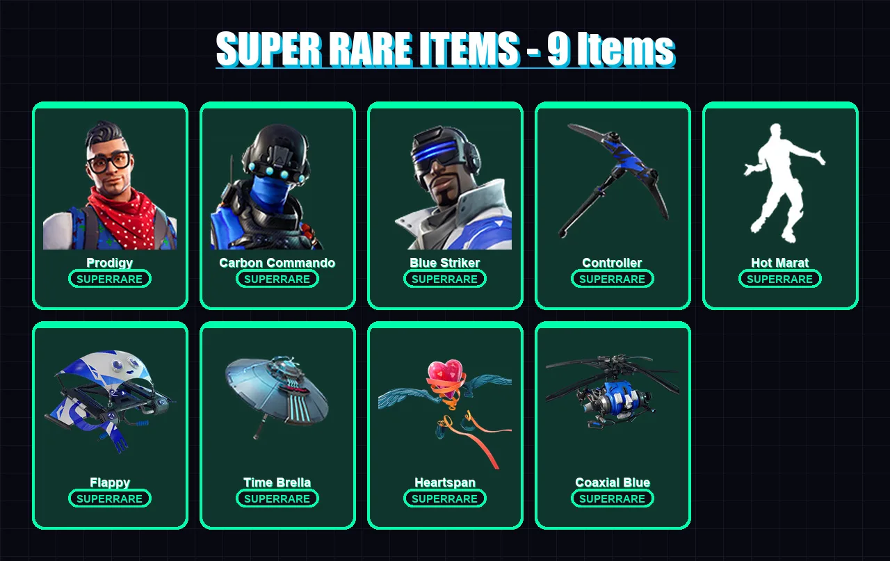 [PS4/PS5/XBOX/PC] | Prodigy | Carbon Commando | Blue Striker | The Ageless | Catalyst | 31 skin | 40 pickaxe | 55 emote | 55 glider | Lv757