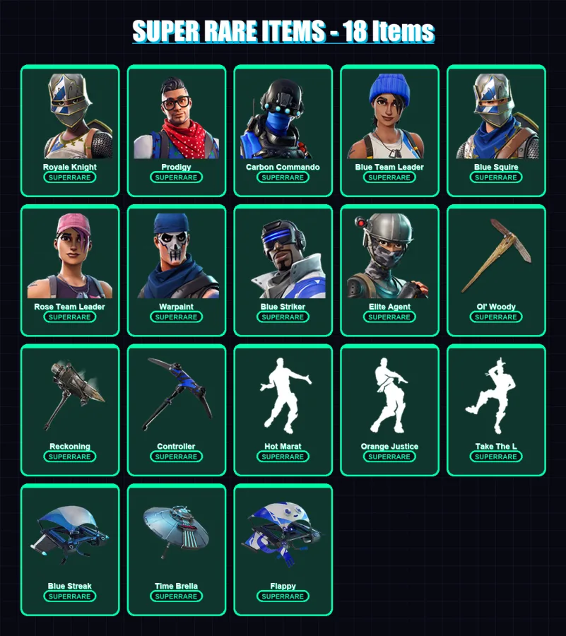 [PS4/PS5/XBOX/PC] | Royale Knight | Prodigy | Carbon Commando | Blue Team Leader | Blue Squire | 28 skin | 40 pickaxe | 50 emote | 42 glider | Lv668