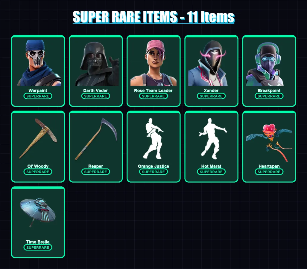 [PC] | Warpaint | Darth Vader | Rose Team Leader | Xander | Breakpoint | 175 skin | 207 pickaxe | 198 emote | 183 glider | Lv2307