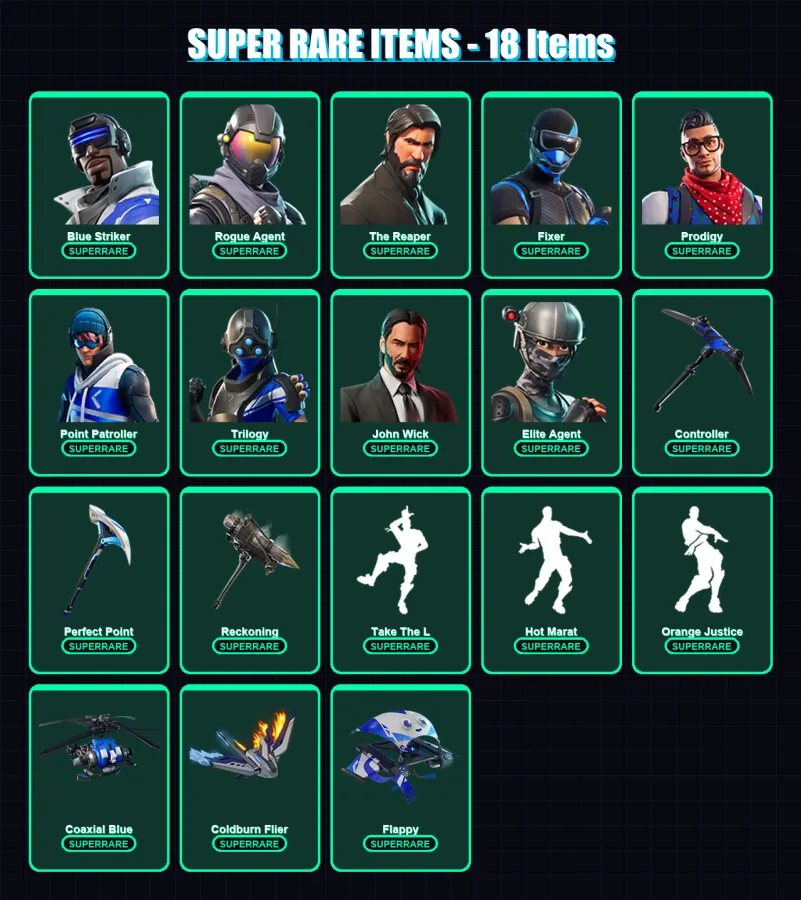 [PS4/PS5/XBOX/PC] | Blue Striker | Rogue Agent | The Reaper | Fixer | Prodigy | 282 skin | 262 pickaxe | 178 emote | 133 glider | Lv1663 — Fortnite account