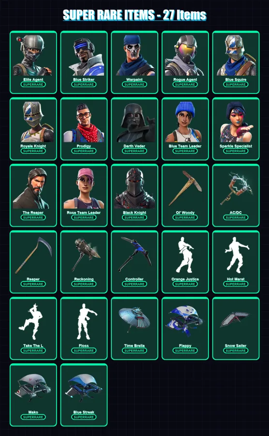 [PC/XBOX] | Elite Agent | Blue Striker | Warpaint | Rogue Agent | Blue Squire | 101 skin | 68 pickaxe | 82 emote | 87 glider | Lv874