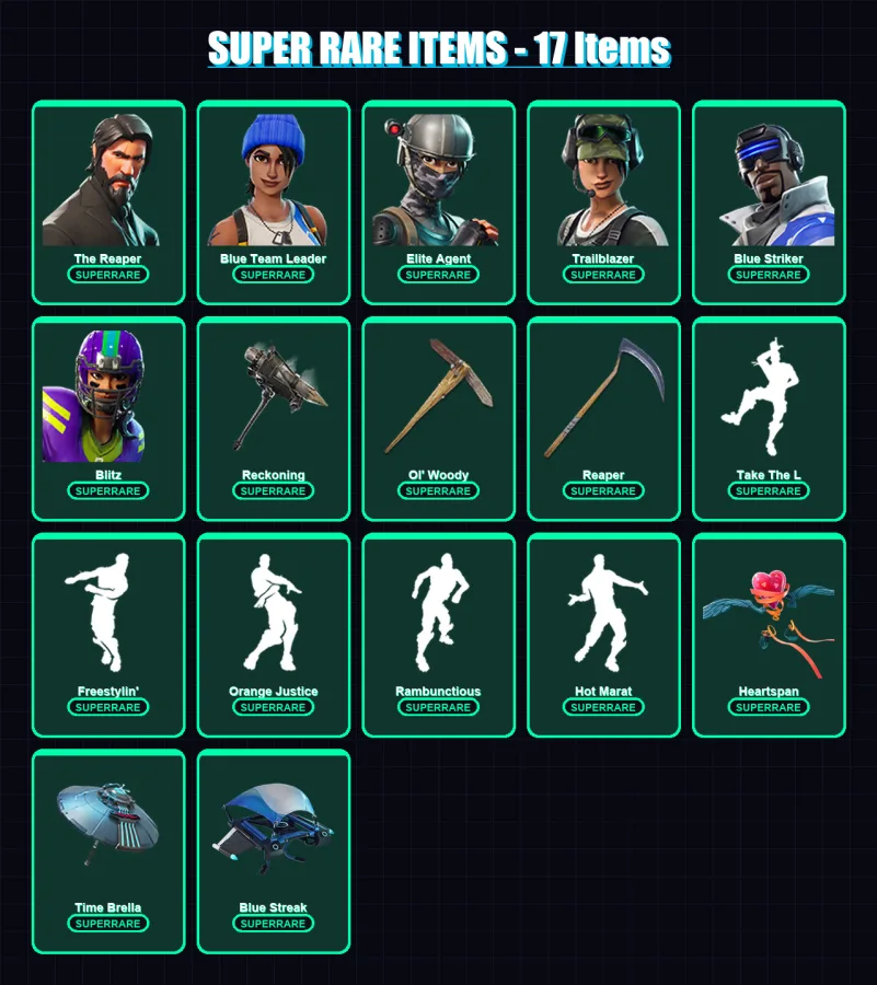[PC] | The Reaper | Blue Team Leader | Elite Agent | Trailblazer | Blue Striker | 144 skin | 157 pickaxe | 156 emote | 122 glider | Lv1976 — Fortnite account