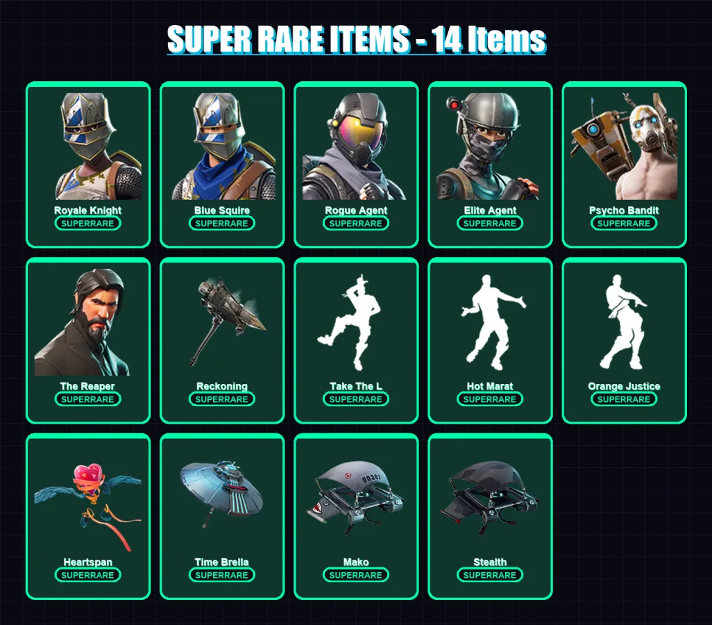 [PC/PSN] | Royale Knight | Blue Squire | Rogue Agent | Elite Agent | Psycho Bandit | 55 skin | 42 pickaxe | 64 emote | 61 glider | Lv796