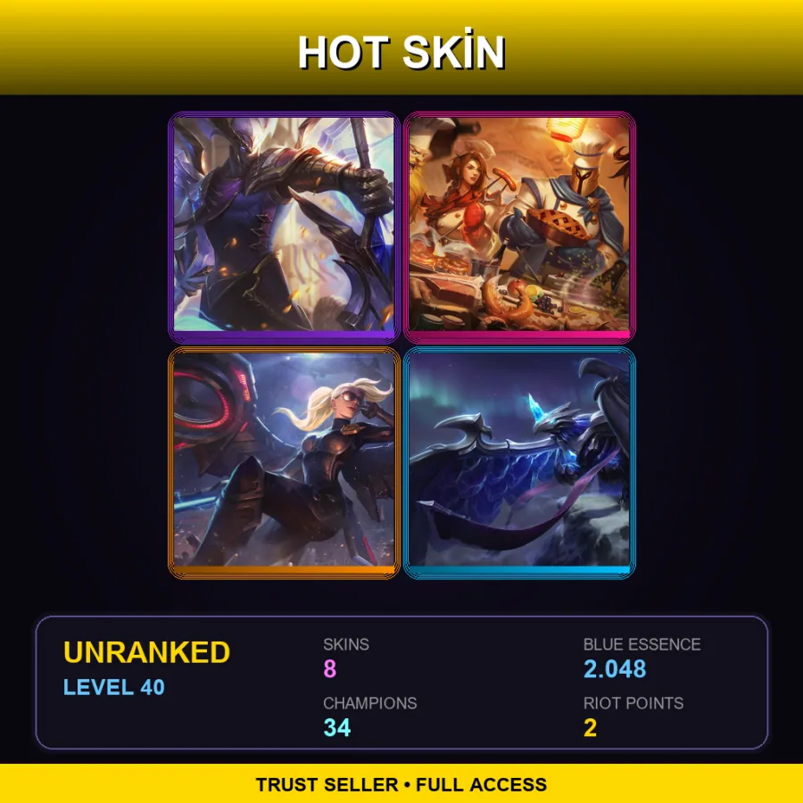 EUW | Lv40 | Unranked | 8 Skin | 34 Champ