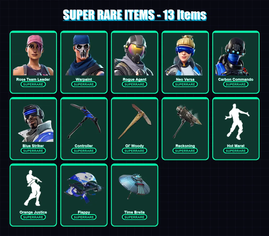 [PC/XBOX/PSN] | Rose Team Leader | Warpaint | Rogue Agent | Neo Versa | Carbon Commando | 45 skin | 61 pickaxe | 77 emote | 65 glider | Lv987 — Fortnite account