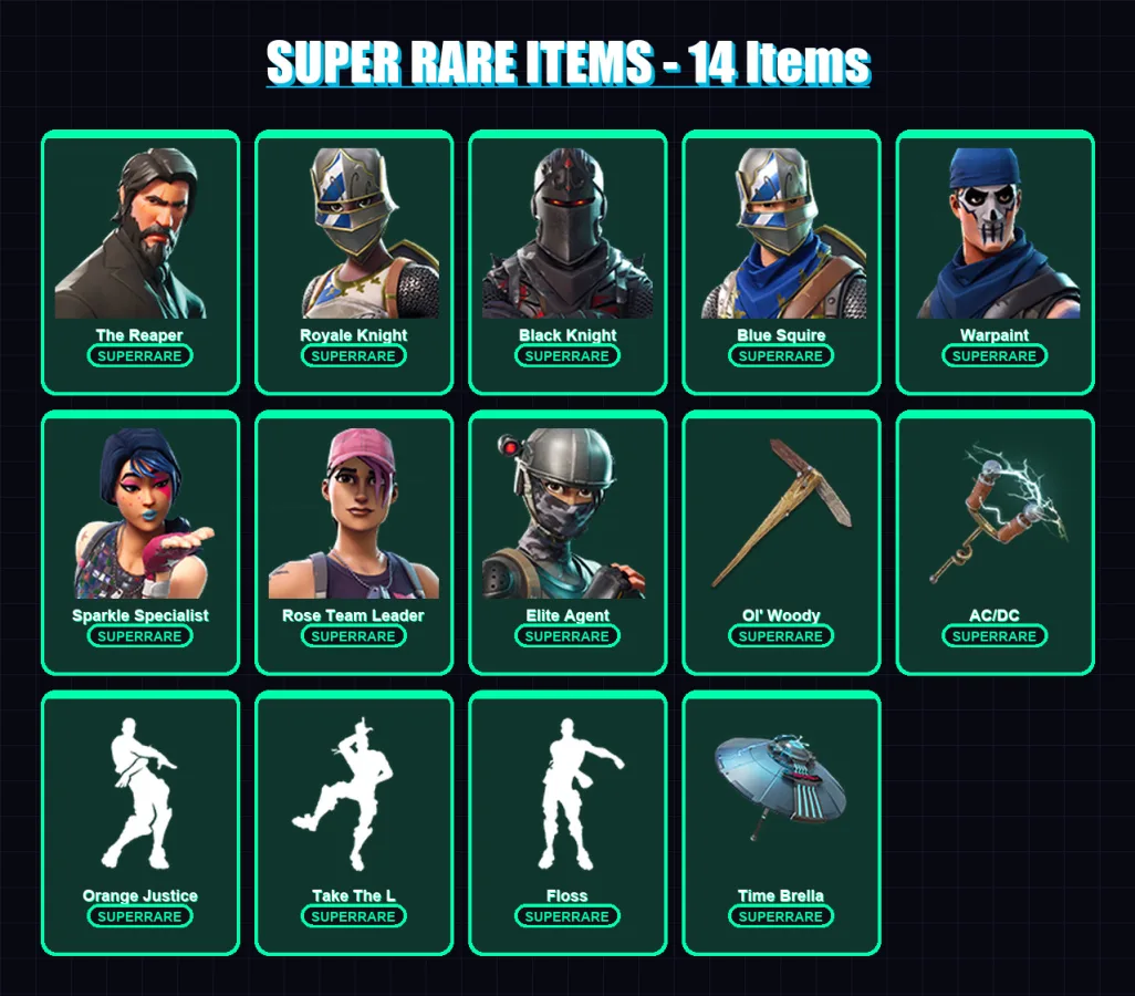[PS4/PS5/XBOX/PC] | The Reaper | Royale Knight | Black Knight | Blue Squire | Warpaint | 42 skin | 43 pickaxe | 38 emote | 47 glider | Lv655