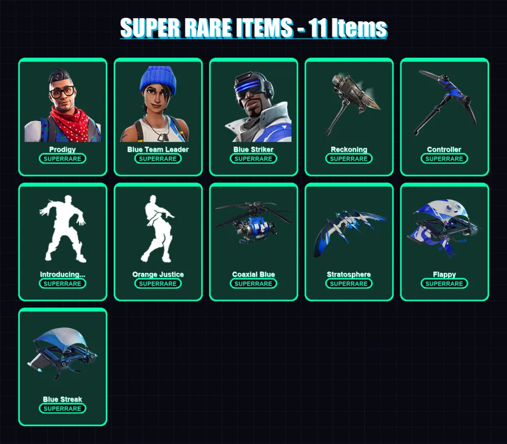 [PC/XBOX] | Prodigy | Blue Team Leader | Blue Striker | A.I.M. | Calamity | 16 skin | 21 pickaxe | 31 emote | 23 glider | Lv295