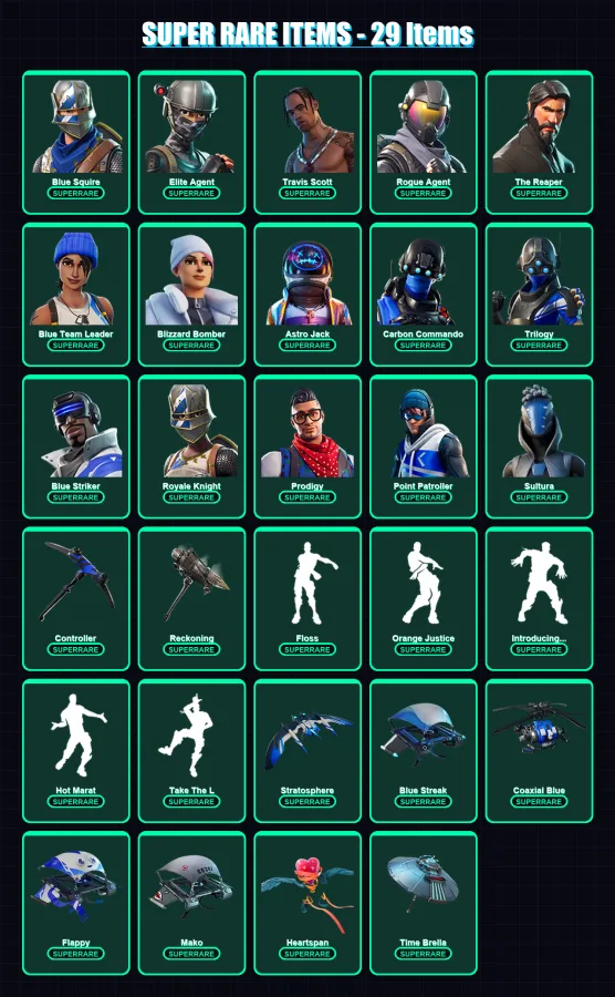 [PC/XBOX/PSN] | Blue Squire | Elite Agent | Travis Scott | Rogue Agent | The Reaper | 161 skin | 218 pickaxe | 192 emote | 185 glider | Lv3335