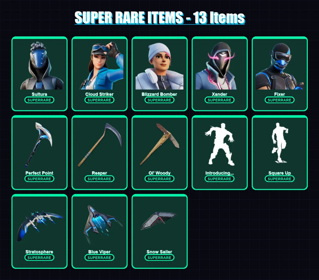 [PC] | Sultura | Cloud Striker | Blizzard Bomber | Xander | Fixer | 75 skin | 103 pickaxe | 85 emote | 76 glider | Lv1204