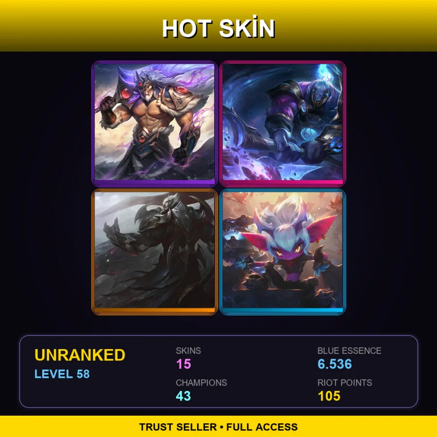 NA | Victorious Tryndamere | Cosmic Paladin Sion | God-King Darius | Little Demon Tristana | 15 Skin | 43 Champ | Lv58