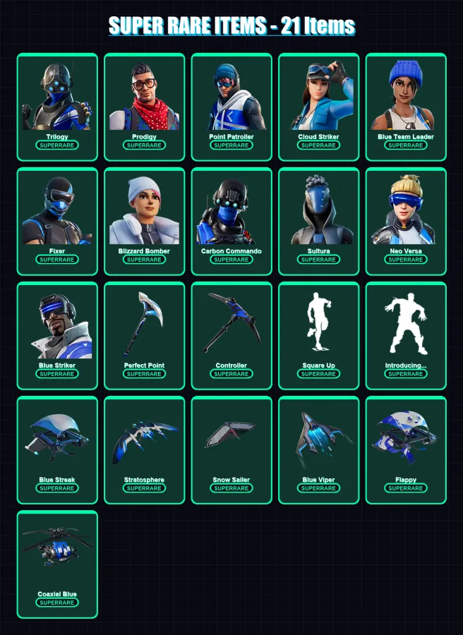 [PS4/PS5/XBOX/PC] | Trilogy | Prodigy | Point Patroller | Cloud Striker | Blue Team Leader | 32 skin | 31 pickaxe | 24 emote | 27 glider | Lv167