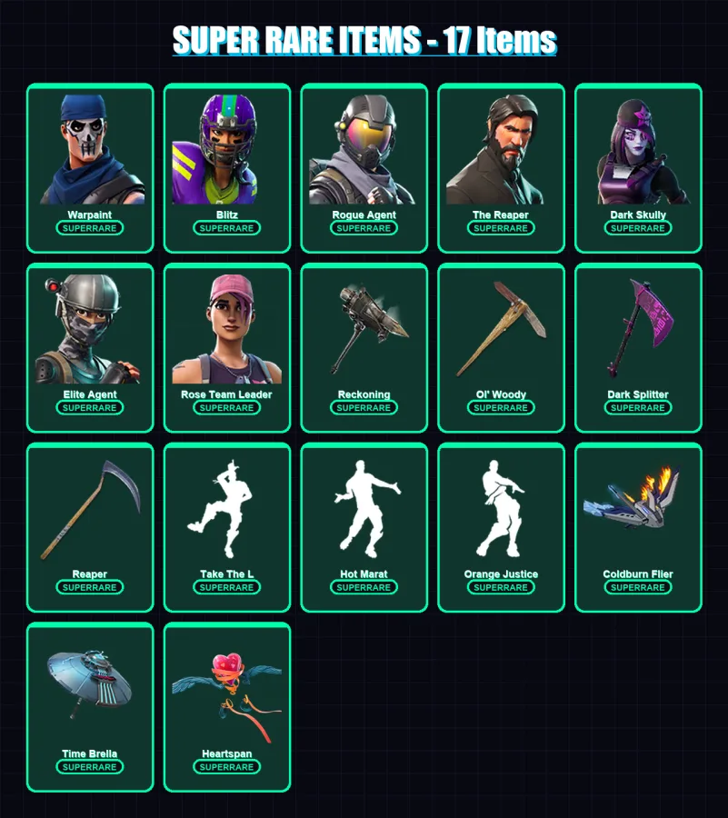 [PC/PSN] | Warpaint | Blitz | Rogue Agent | The Reaper | Dark Skully | 102 skin | 90 pickaxe | 95 emote | 96 glider | Lv1186