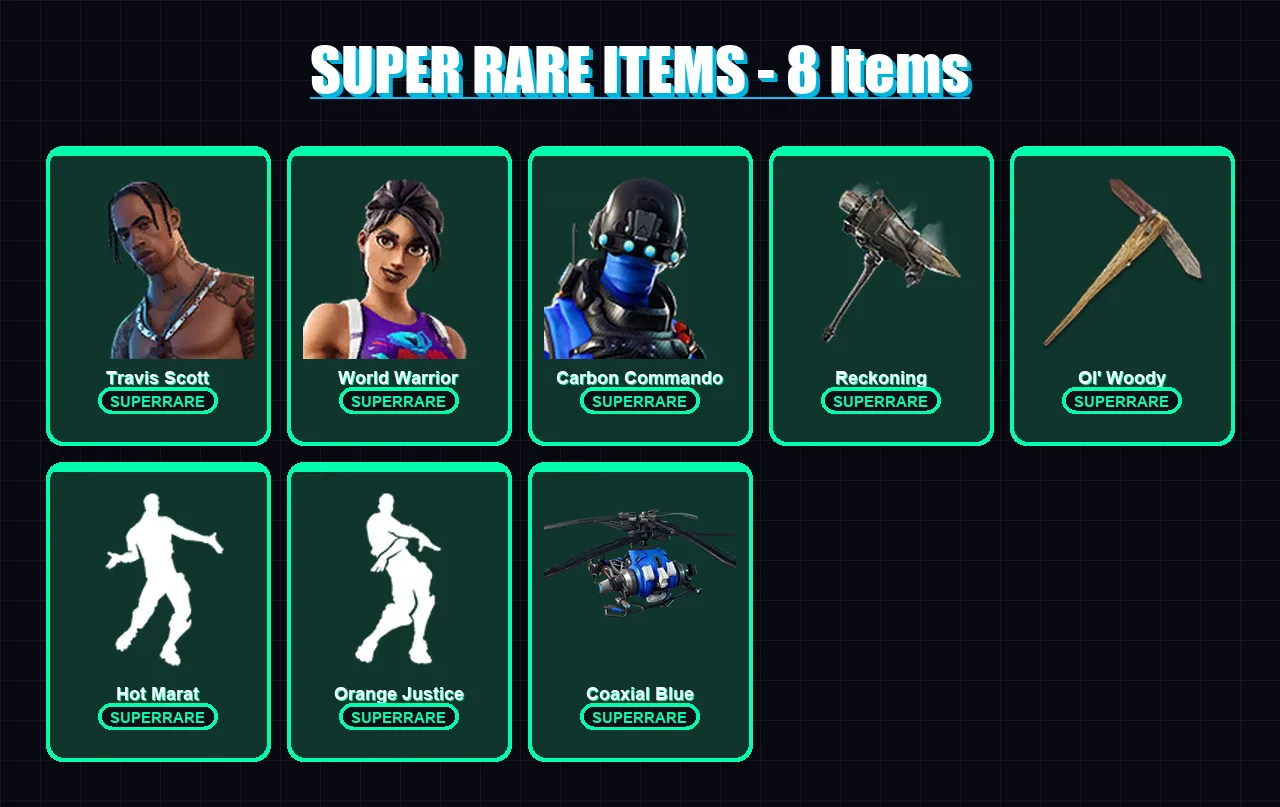 [PS4/PS5/XBOX/PC] | Travis Scott | World Warrior | Carbon Commando | Omega | Sentinel | 71 skin | 40 pickaxe | 66 emote | 59 glider | Lv1084