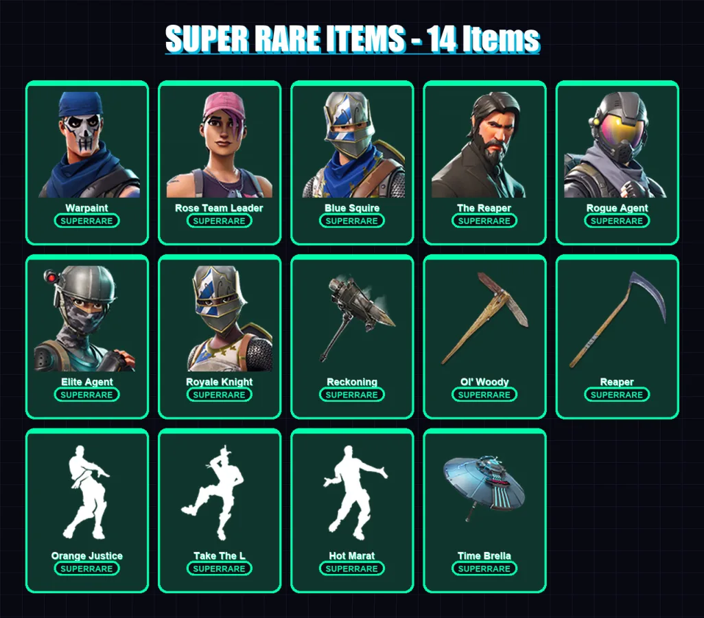 [PC/XBOX/PSN] | Warpaint | Rose Team Leader | Blue Squire | The Reaper | Rogue Agent | 147 skin | 164 pickaxe | 131 emote | 125 glider | Lv1716
