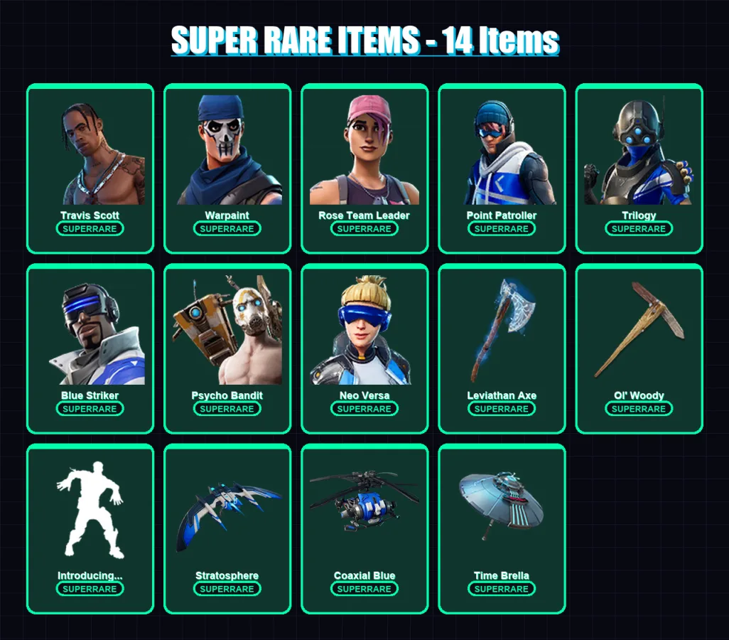 [PC/XBOX/PSN] | Travis Scott | Warpaint | Rose Team Leader | Point Patroller | Trilogy | 180 skin | 172 pickaxe | 141 emote | 139 glider | Lv2286