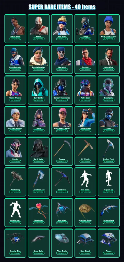 [PS4/PS5/XBOX/PC] | Travis Scott | Kratos | Neo Versa | Trilogy | Blue Team Leader | 392 skin | 339 pickaxe | 450 emote | 237 glider | Lv2959