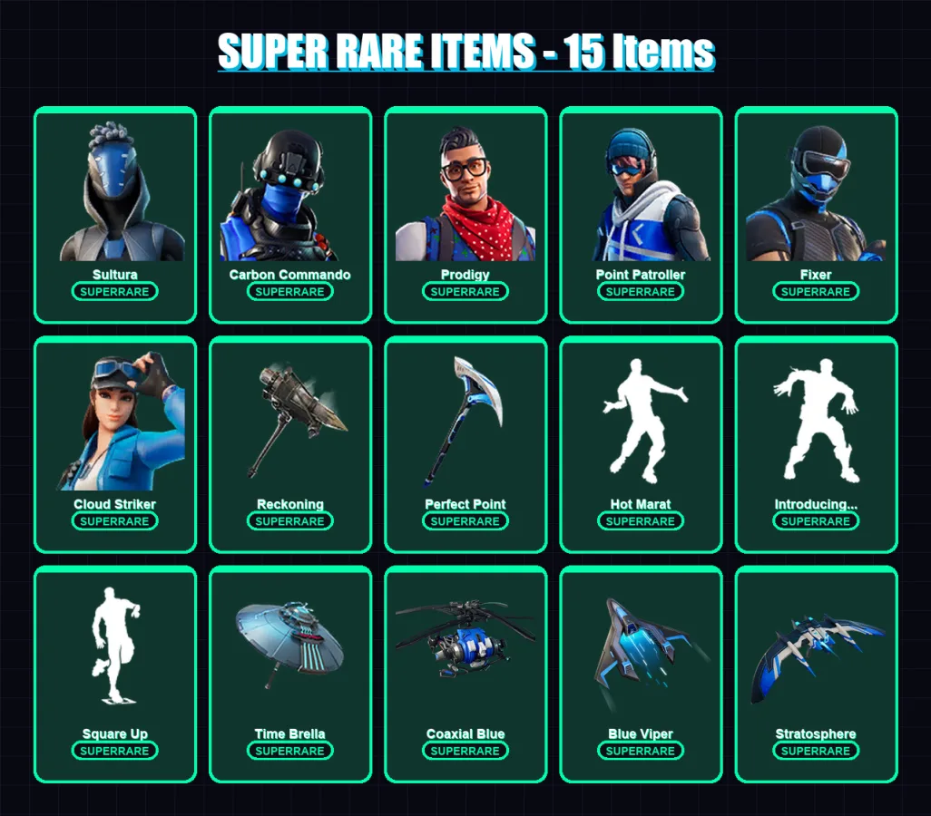 [PS4/PS5/XBOX/PC] | Sultura | Carbon Commando | Prodigy | Point Patroller | Fixer | 80 skin | 95 pickaxe | 73 emote | 99 glider | Lv1359