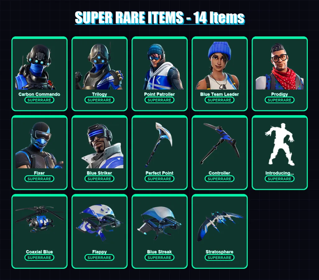 [PS4/PS5/XBOX/PC] | Carbon Commando | Trilogy | Point Patroller | Blue Team Leader | Prodigy | 20 skin | 12 pickaxe | 17 emote | 19 glider | Lv256 — Fortnite account