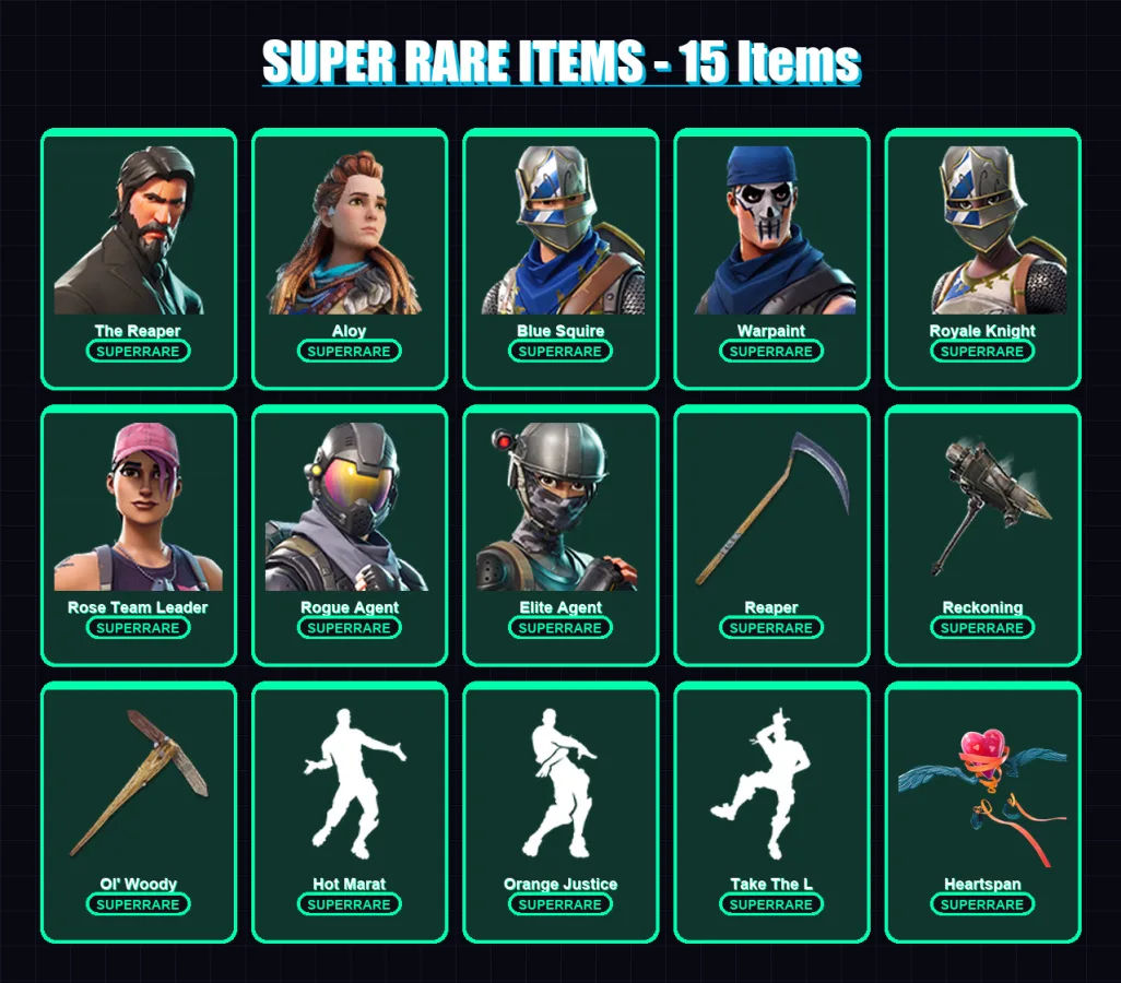 [PC/XBOX] | The Reaper | Aloy | Blue Squire | Warpaint | Royale Knight | 103 skin | 78 pickaxe | 86 emote | 87 glider | Lv1232