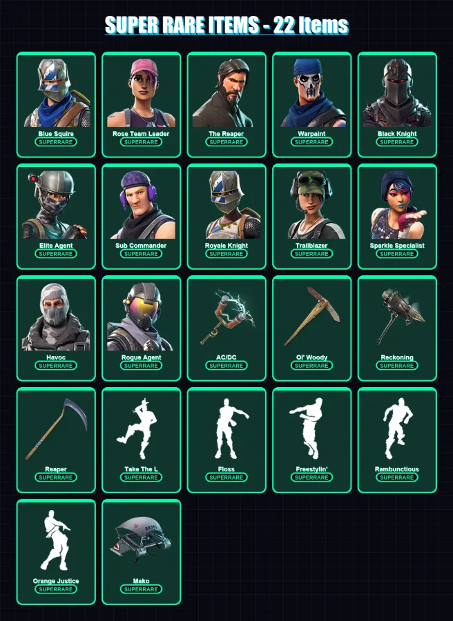 [PC/XBOX/PSN] | Blue Squire | Rose Team Leader | The Reaper | Warpaint | Black Knight | 118 skin | 86 pickaxe | 176 emote | 69 glider | Lv847